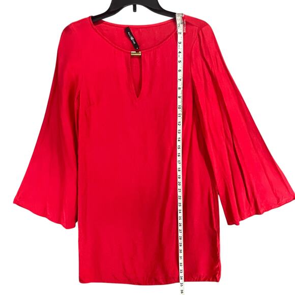 Alice Trixie NYC Silk Shift Dress M Cherry Red Keyhole Neck Bell Sleeve Cocktail - Picture 9 of 15